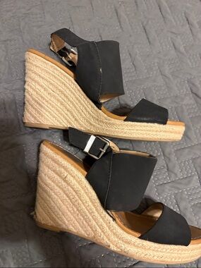 Black Wedge Espadrille Sandals with Buckle Slingback